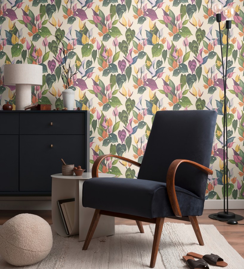 Papel pintado flores de anturio exóticas fondo crema  Panama Vibe 684619