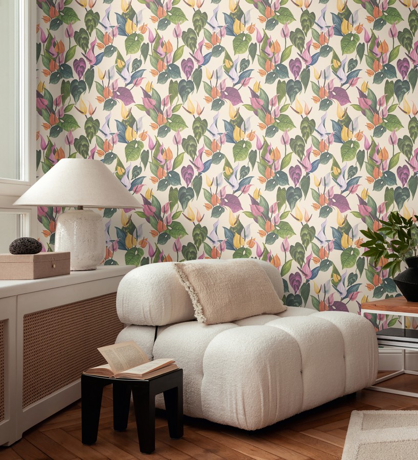 Papel pintado flores de anturio exóticas fondo crema  Panama Vibe 684619