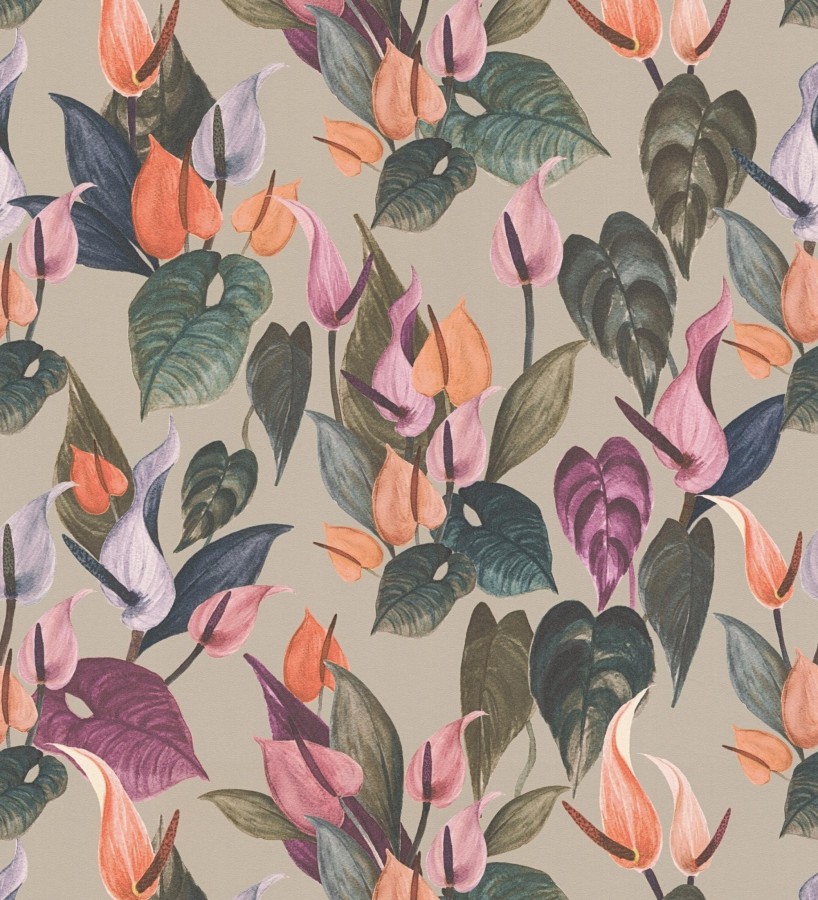 Papel pintado flores de anturio exóticas fondo greige  Panama Vibe 684620