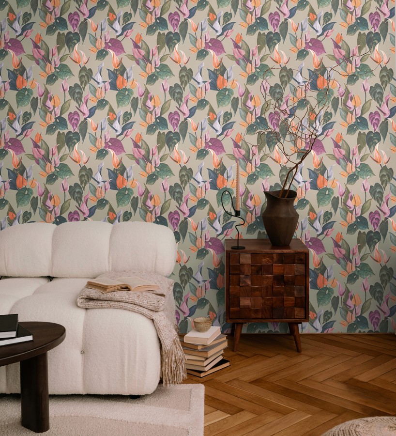 Papel pintado flores de anturio exóticas fondo greige  Panama Vibe 684620