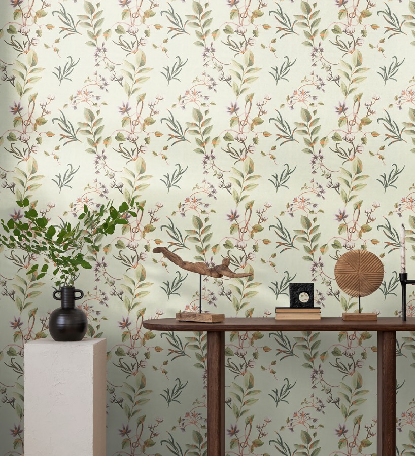 Papel pintado botánico de hojas verde y flores violeta  Elysian Opulent 684623