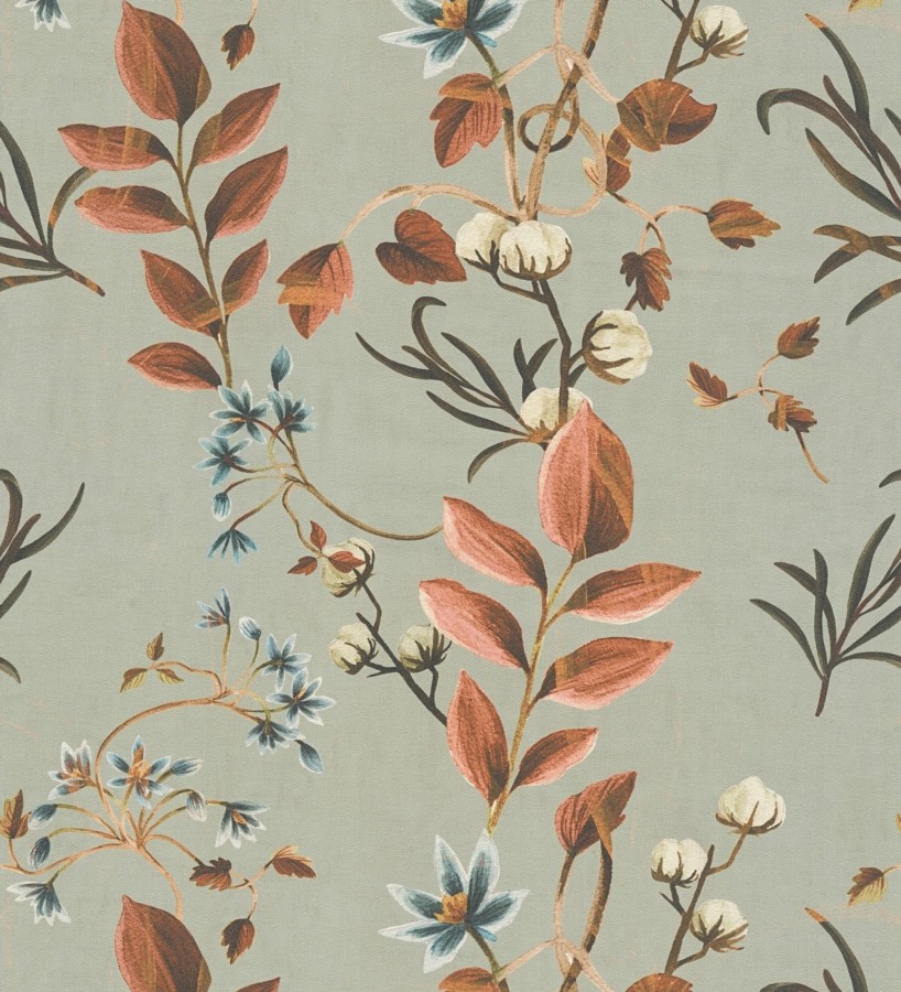 Papel pintado botánico de hojas terracota y flores azules  Elysian Opulent 684624