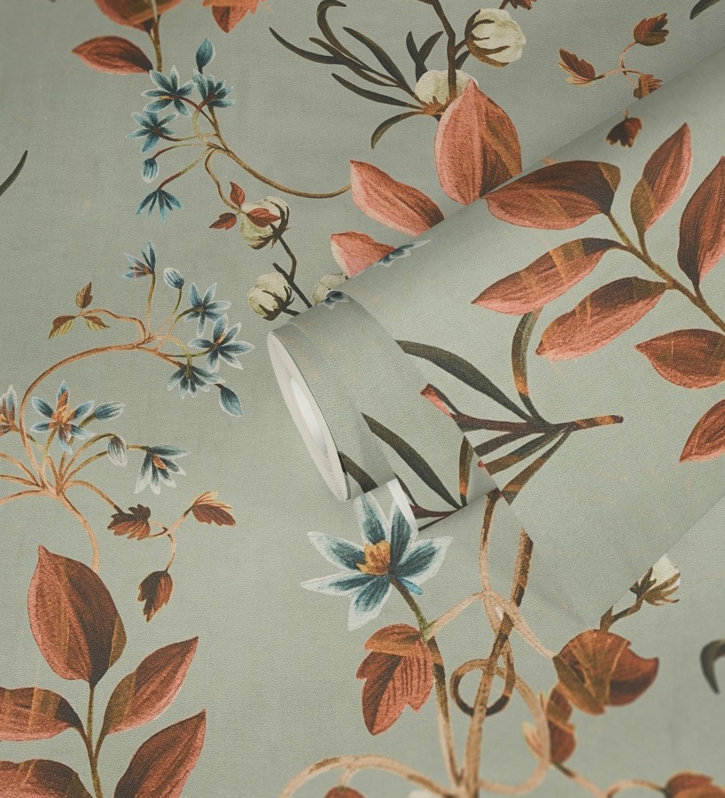 Papel pintado botánico de hojas terracota y flores azules  Elysian Opulent 684624