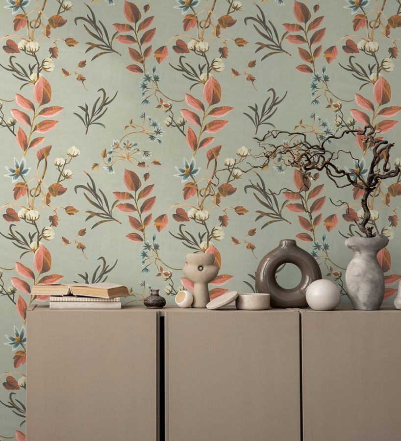 Papel pintado botánico de hojas terracota y flores azules  Elysian Opulent 684624