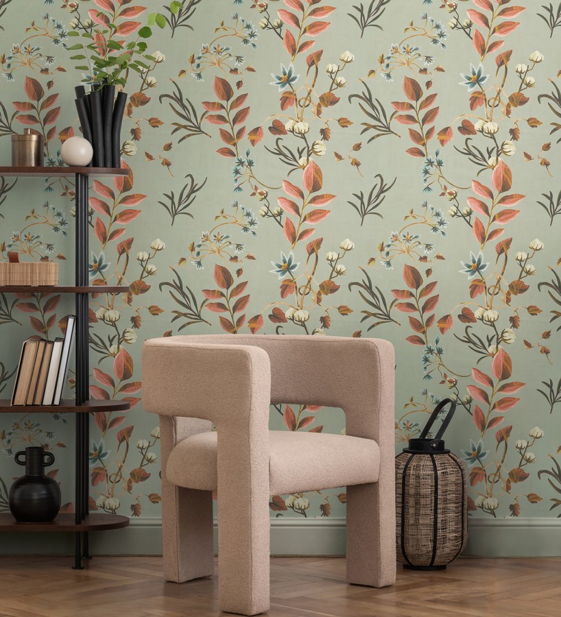 Papel pintado botánico de hojas terracota y flores azules  Elysian Opulent 684624
