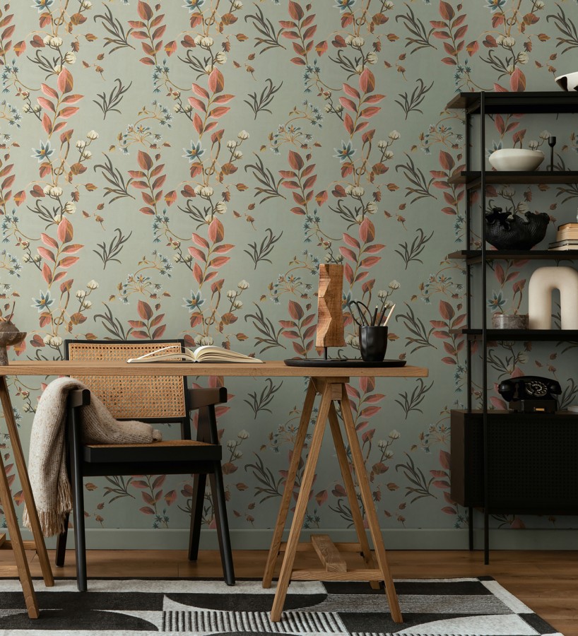 Papel pintado botánico de hojas terracota y flores azules  Elysian Opulent 684624