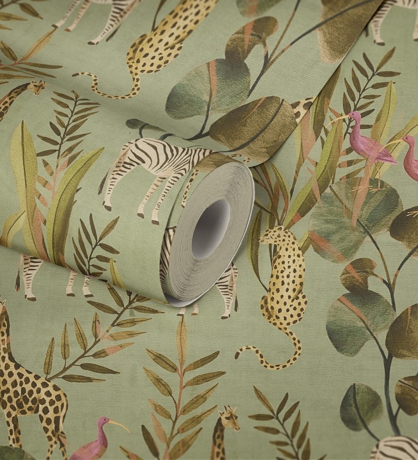 Papel pintado safari vintage animales selva verde  Okavango Faunal 684634
