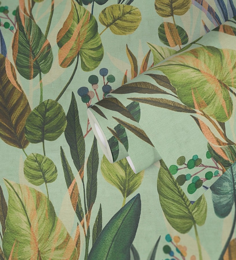 Papel pintado follaje tropical vintage fondo verde menta  Minted Canopy 684636