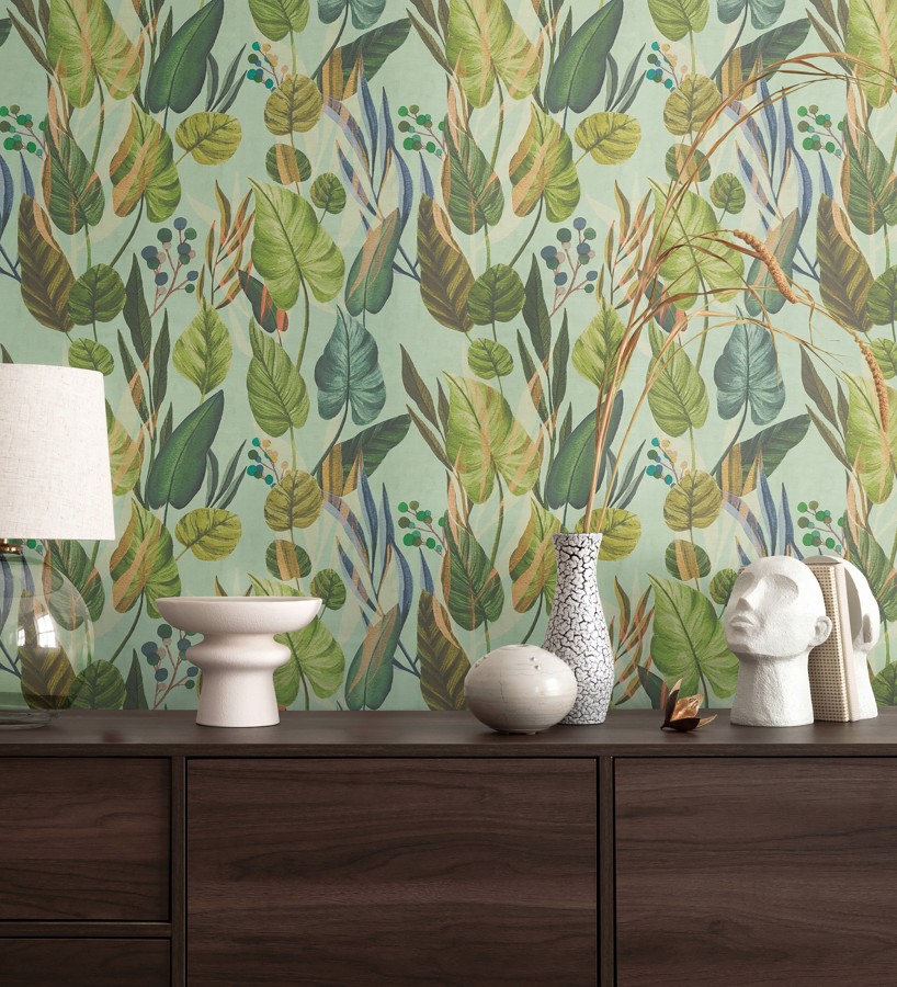 Papel pintado follaje tropical vintage fondo verde menta  Minted Canopy 684636