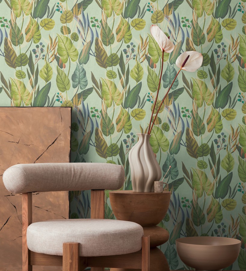 Papel pintado follaje tropical vintage fondo verde menta  Minted Canopy 684636
