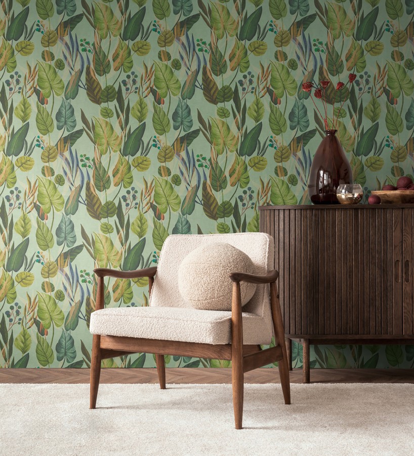 Papel pintado follaje tropical vintage fondo verde menta  Minted Canopy 684636