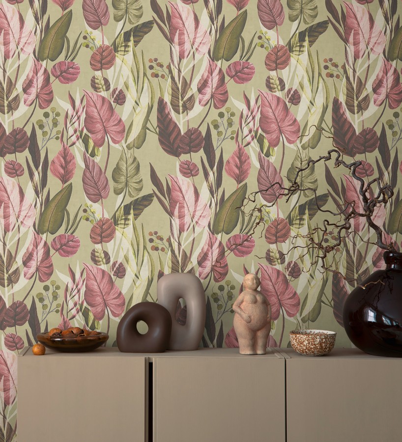 Papel pintado follaje tropical vintage fondo taupe  Minted Canopy 684637