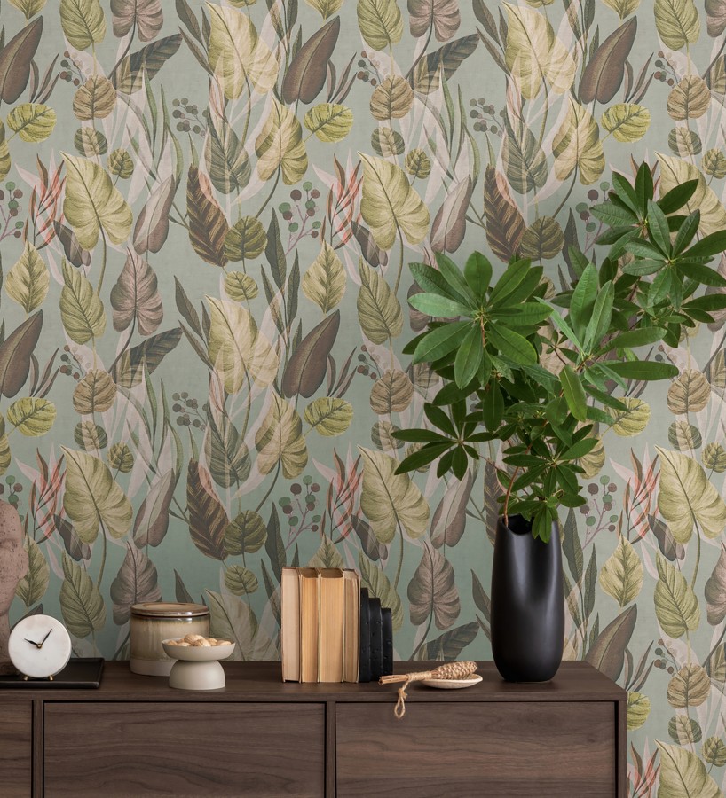Papel pintado follaje tropical vintage fondo gris verdoso  Minted Canopy 684638