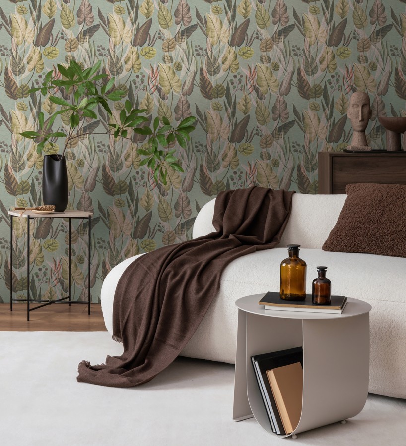 Papel pintado follaje tropical vintage fondo gris verdoso  Minted Canopy 684638