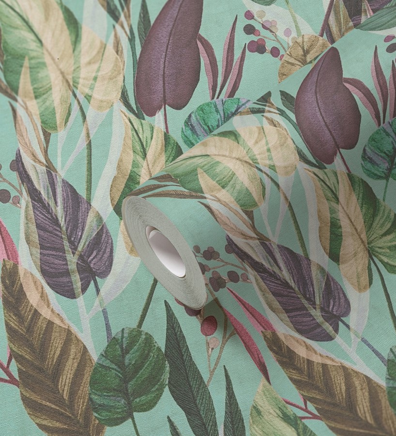 Papel pintado follaje tropical vintage fondo azul aguamarina  Minted Canopy 684639