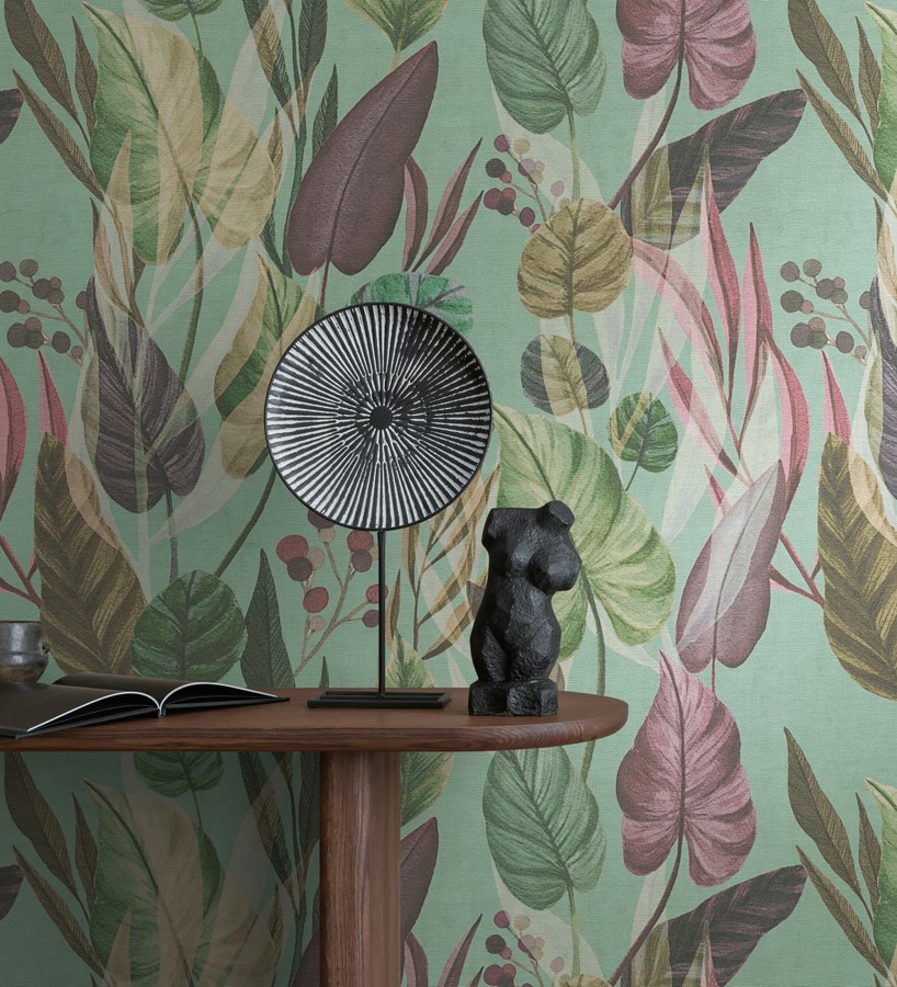 Papel pintado follaje tropical vintage fondo azul aguamarina  Minted Canopy 684639