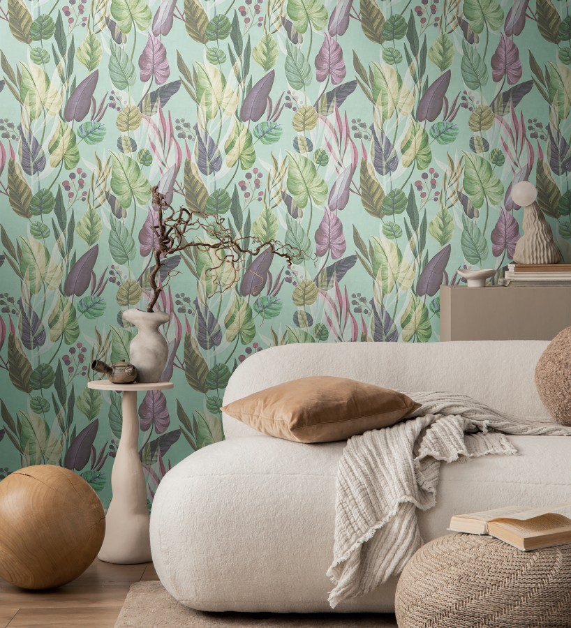 Papel pintado follaje tropical vintage fondo azul aguamarina  Minted Canopy 684639
