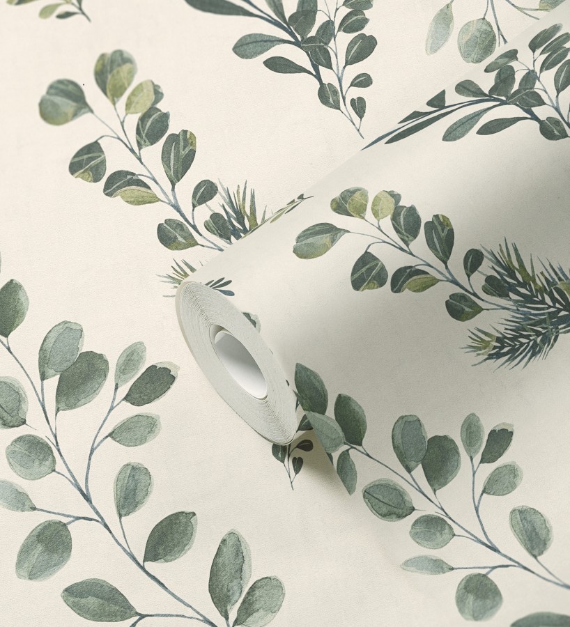 Papel pintado ramas eucalipto en acuarela fondo crema  Sylvan Blended 684643