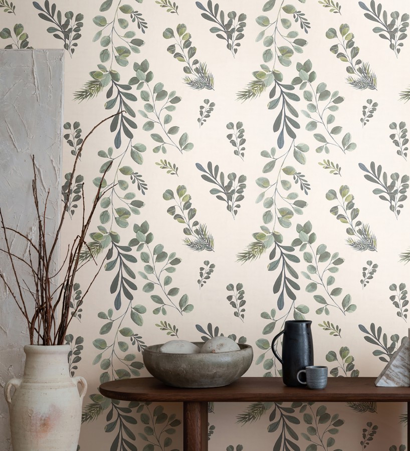 Papel pintado ramas eucalipto en acuarela fondo crema  Sylvan Blended 684643