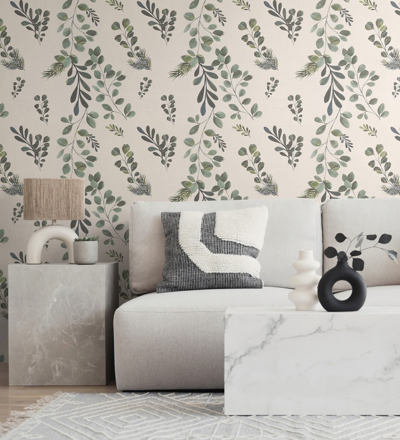 Papel pintado ramas eucalipto en acuarela fondo crema  Sylvan Blended 684643