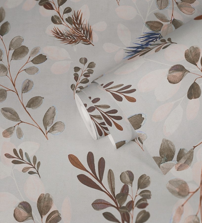 Papel pintado ramas eucalipto en acuarela fondo gris  Sylvan Blended 684644