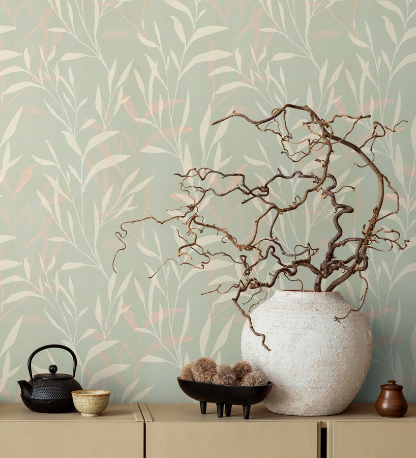 Papel pintado ramas etéreas verde salvia y rosa  Willow Silhouetted 684645