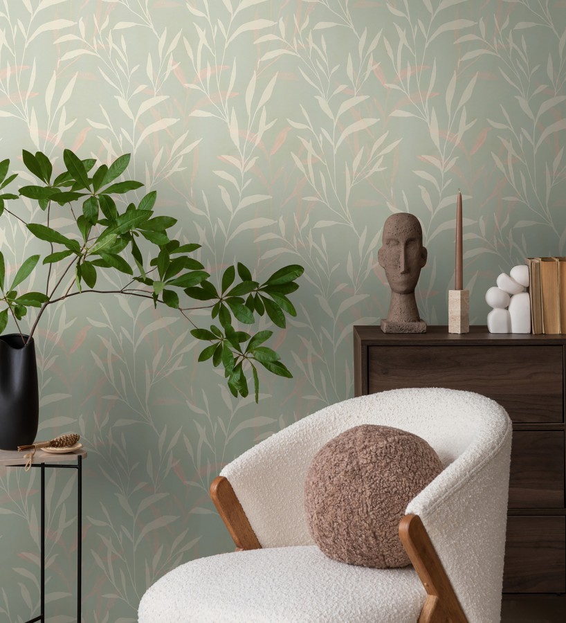 Papel pintado ramas etéreas verde salvia y rosa  Willow Silhouetted 684645