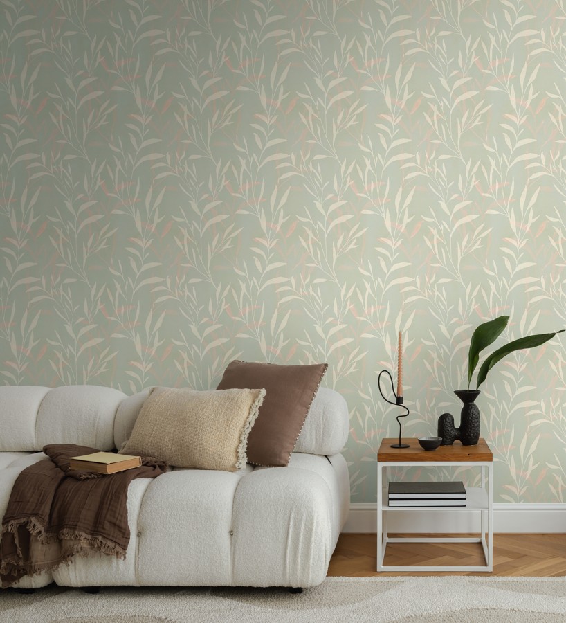 Papel pintado ramas etéreas verde salvia y rosa  Willow Silhouetted 684645