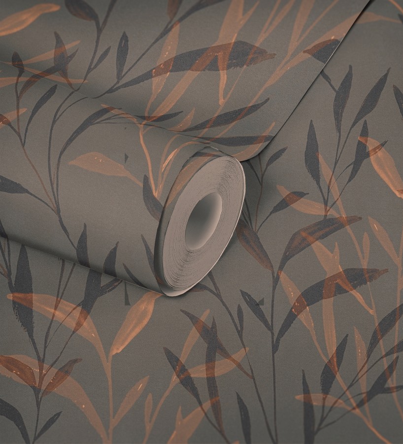 Papel pintado ramas cobre fondo color ébano  Willow Silhouetted 684646
