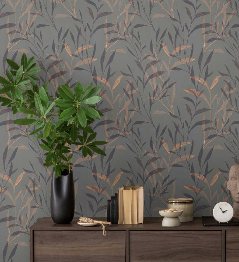 Papel pintado ramas cobre fondo color ébano  Willow Silhouetted 684646