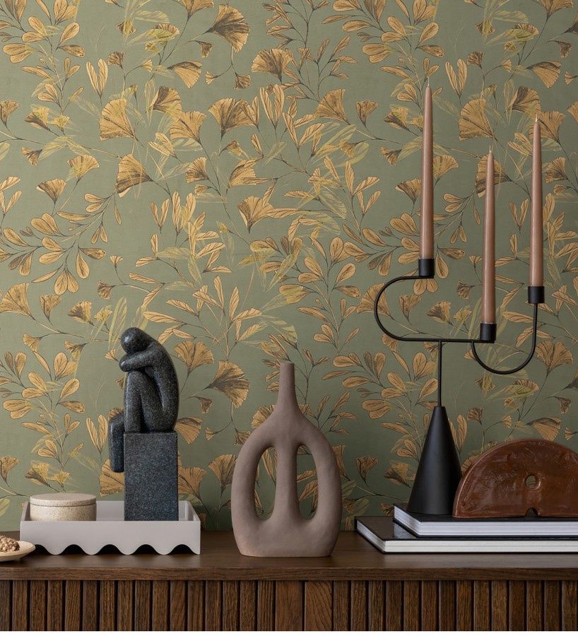 Papel pintado botánico hojas ginkgo vintage  Biloba Light 684647