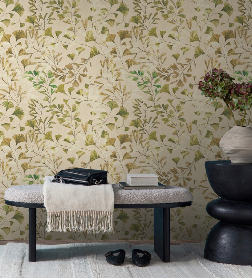 Papel pintado botánico hojas ginkgo vintage  Biloba Light 684649