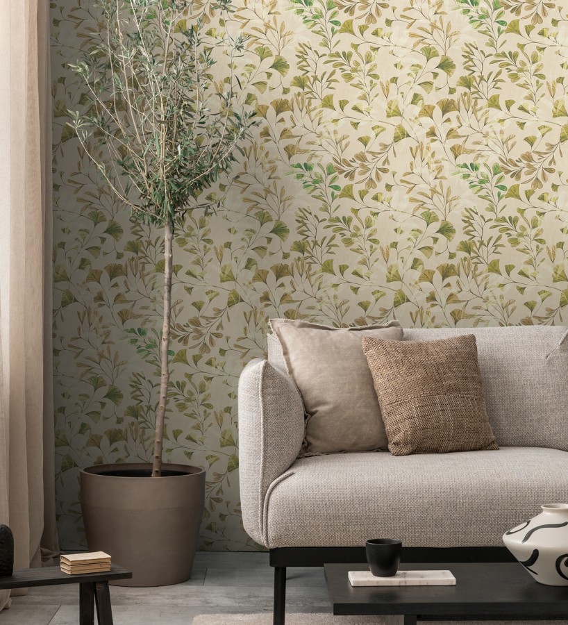 Papel pintado botánico hojas ginkgo vintage  Biloba Light 684649
