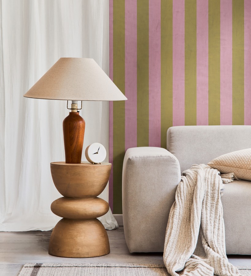 Papel pintado de rayas textiles oro y rosa desgastadas  Kalinoa Stripe 684657