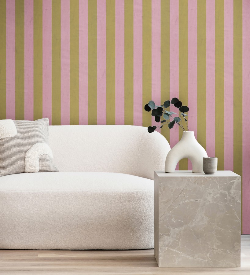 Papel pintado de rayas textiles oro y rosa desgastadas  Kalinoa Stripe 684657