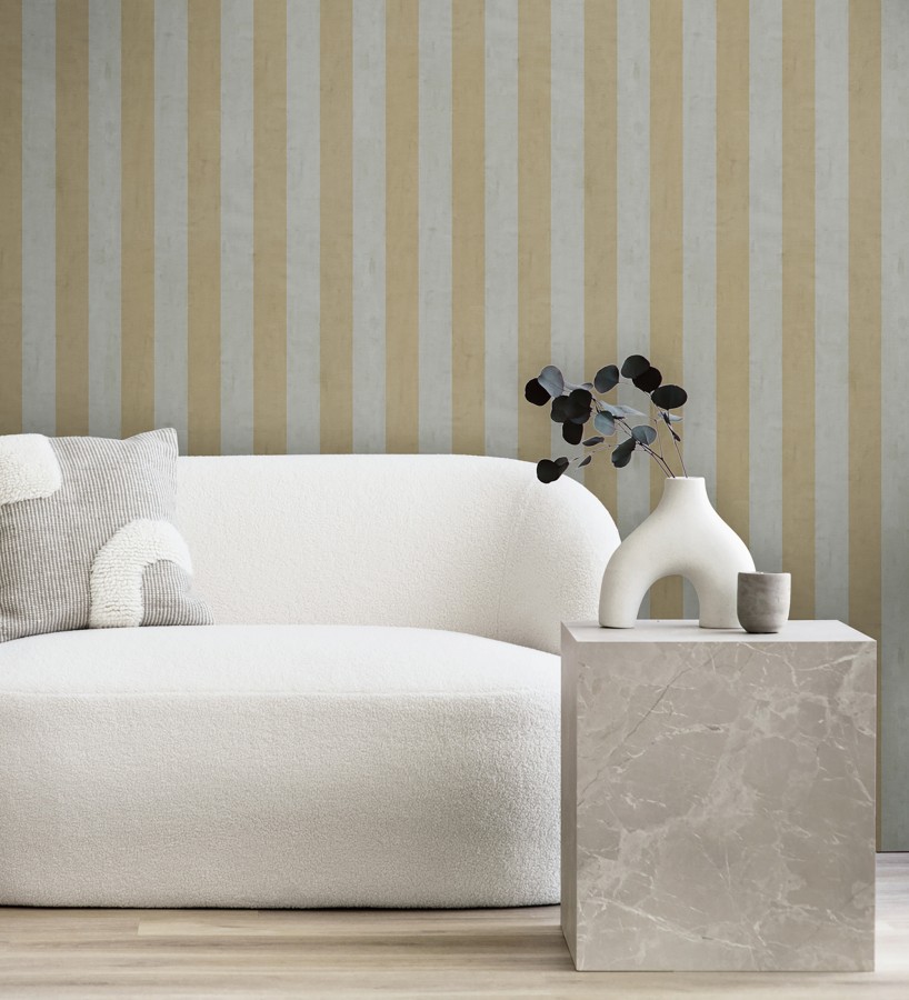 Papel pintado de rayas textiles amarillo mostaza desgastadas  Kalinoa Stripe 684658