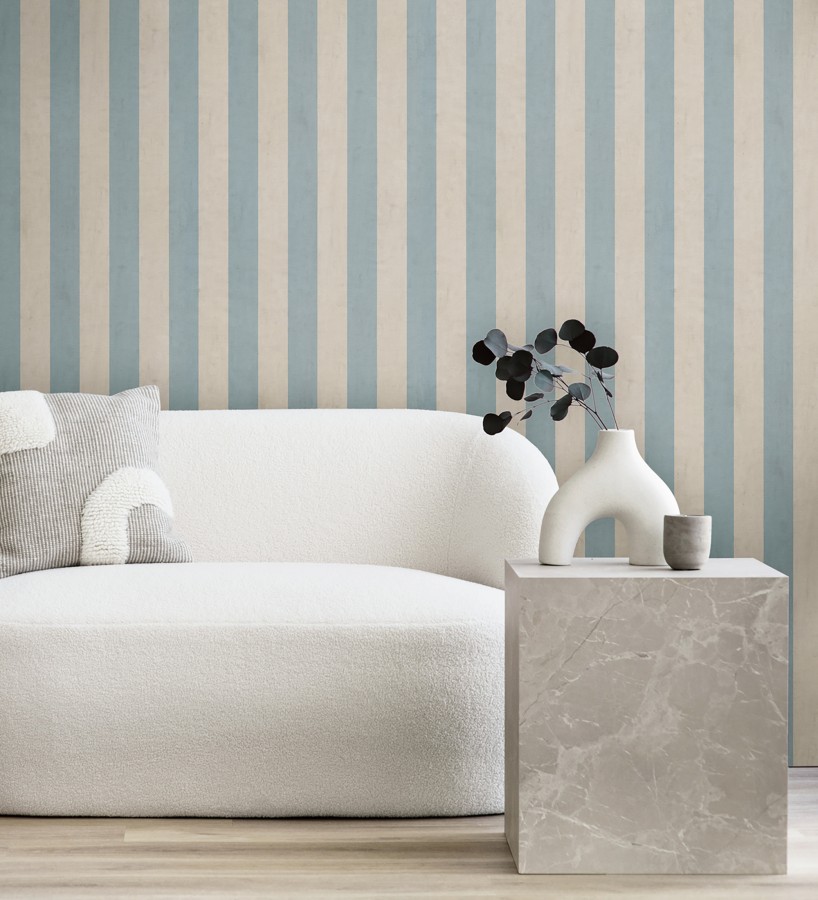 Papel pintado de rayas textiles azul cielo desgastadas  Kalinoa Stripe 684659