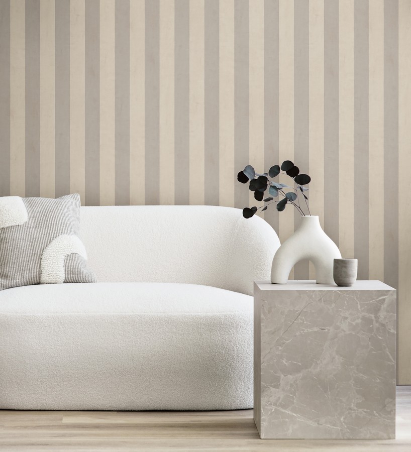 Papel pintado de rayas textiles beige desgastadas  Kalinoa Stripe 684660