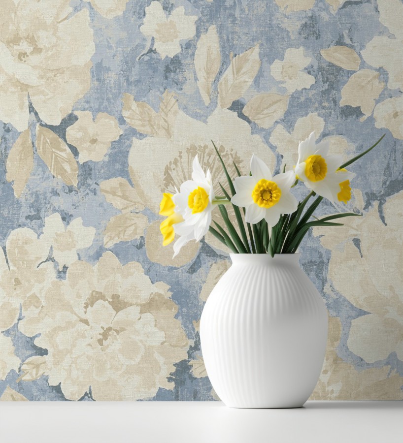 Papel pintado vintage romántico peonías color pastel fondo azul  Sofia Murmur 684666