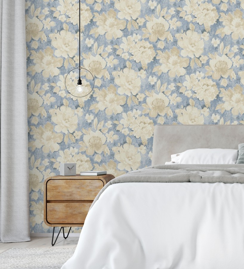 Papel pintado vintage romántico peonías color pastel fondo azul  Sofia Murmur 684666