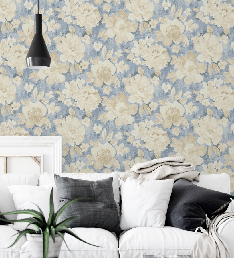 Papel pintado vintage romántico peonías color pastel fondo azul  Sofia Murmur 684666