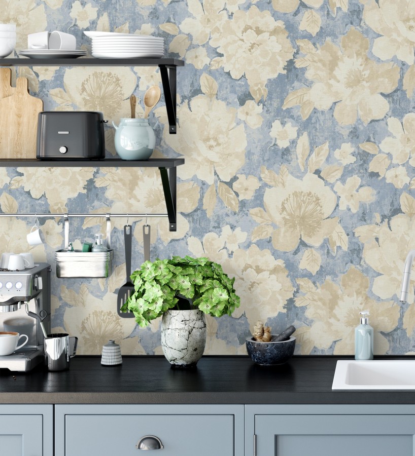 Papel pintado vintage romántico peonías color pastel fondo azul  Sofia Murmur 684666