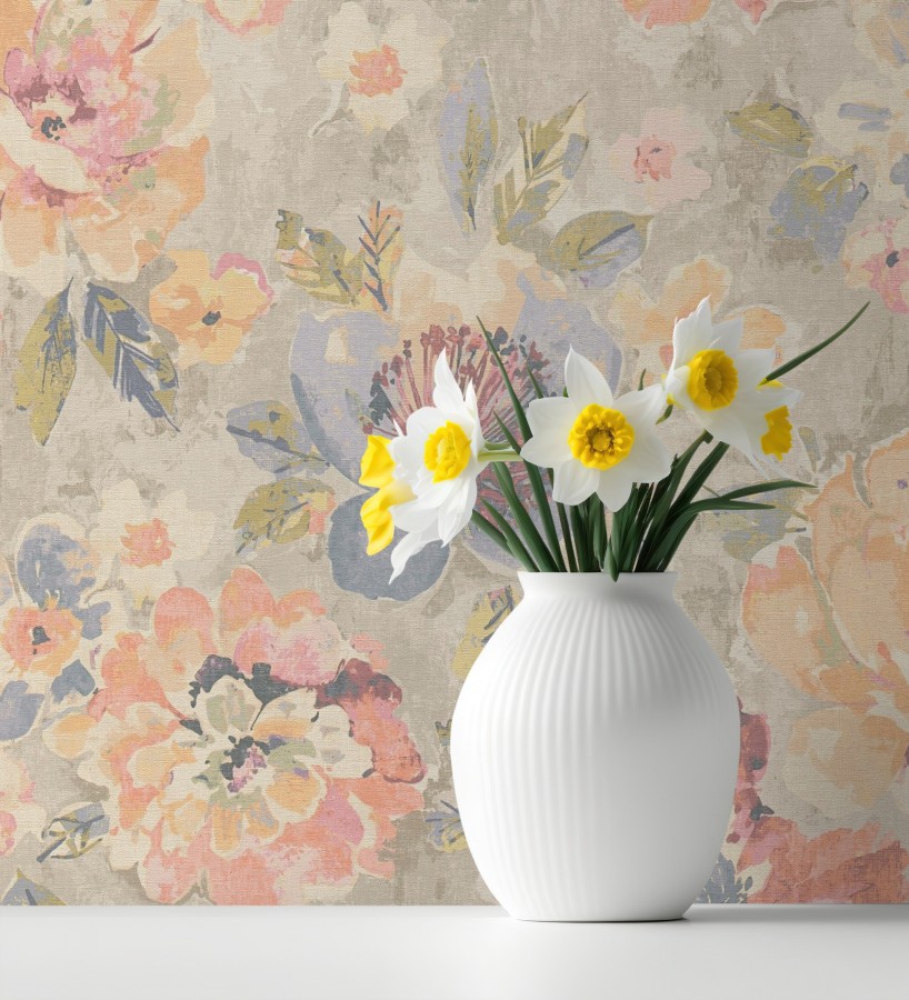 Papel pintado vintage romántico peonías color pastel fondo beige  Sofia Murmur 684667