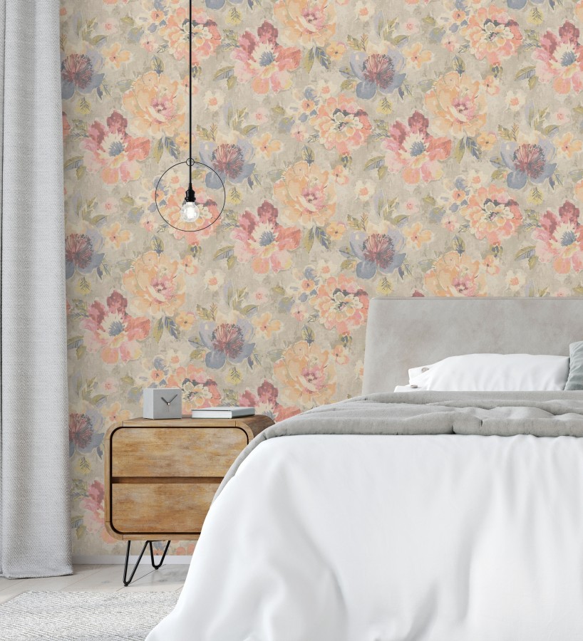 Papel pintado vintage romántico peonías color pastel fondo beige  Sofia Murmur 684667