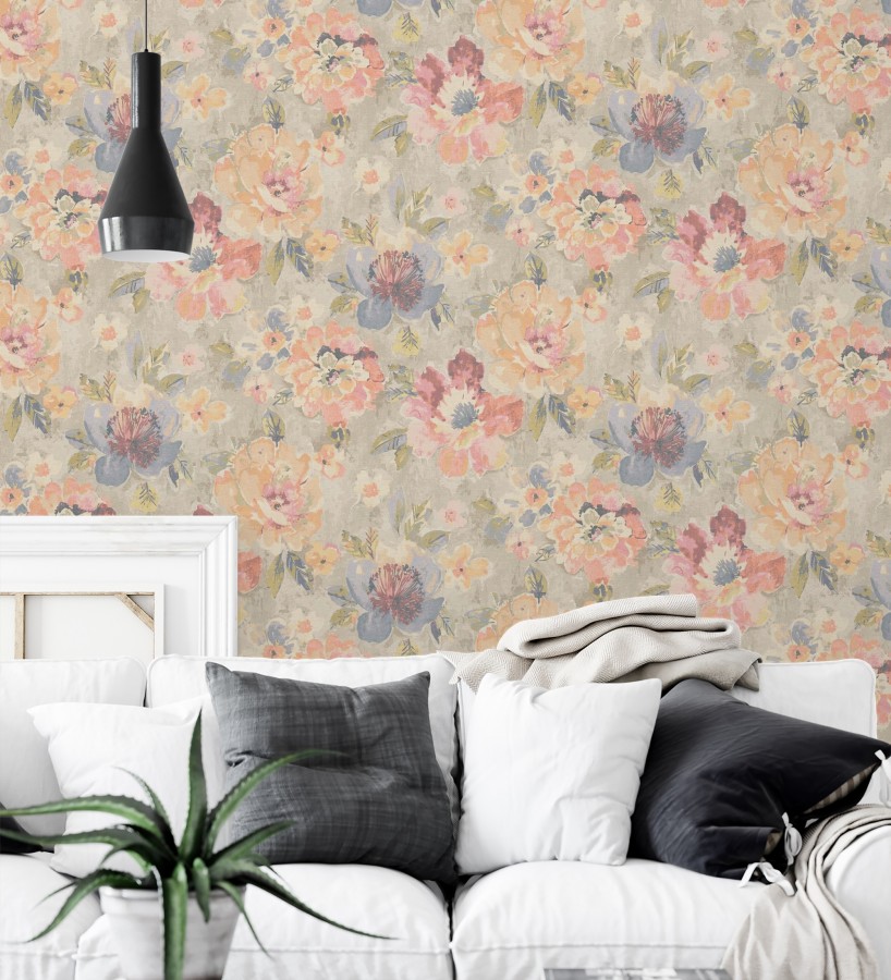 Papel pintado vintage romántico peonías color pastel fondo beige  Sofia Murmur 684667