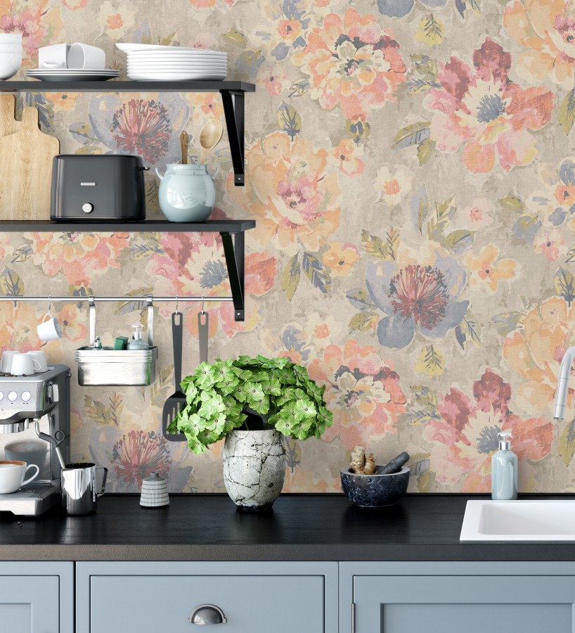 Papel pintado vintage romántico peonías color pastel fondo beige  Sofia Murmur 684667