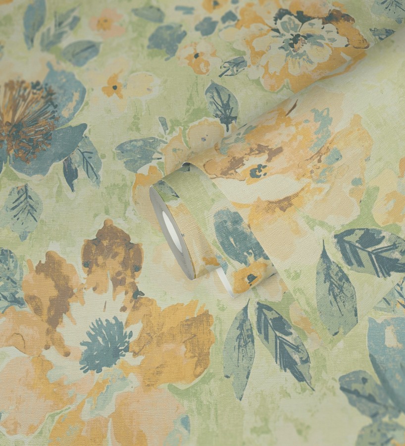 Papel pintado vintage romántico peonías color pastel fondo verde  Sofia Murmur 684668
