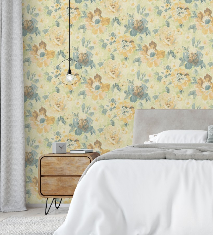 Papel pintado vintage romántico peonías color pastel fondo verde  Sofia Murmur 684668