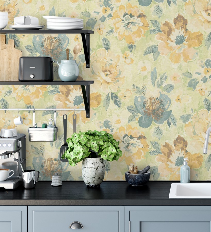 Papel pintado vintage romántico peonías color pastel fondo verde  Sofia Murmur 684668