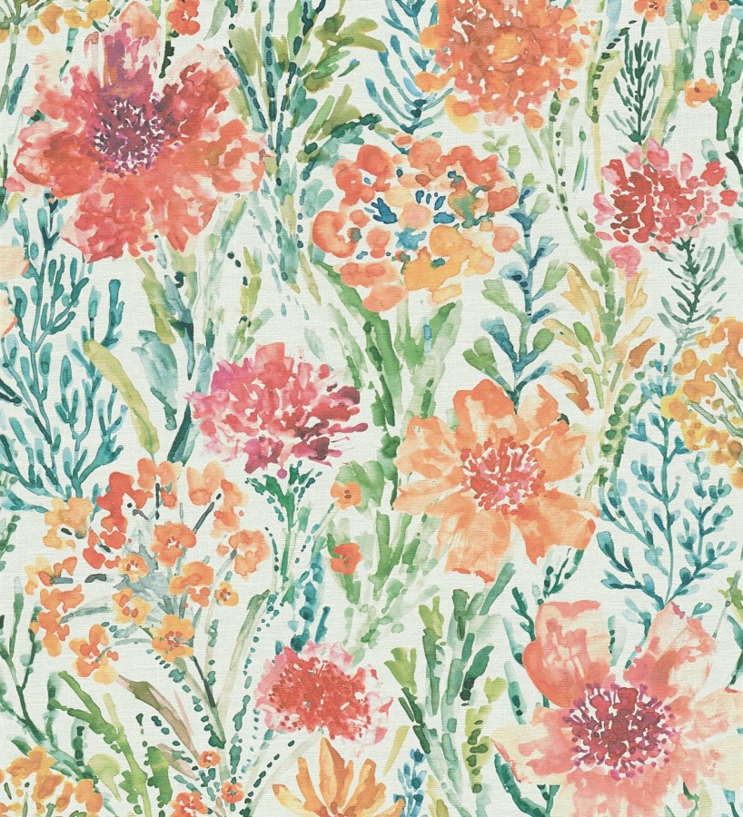 Papel pintado flores silvestres naranja y coral  Bellerose Atellier 684669